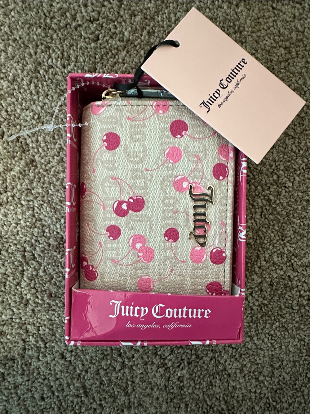 Juicy Couture Beige Canvas Double Zip Wallet with Pink Cherry Print